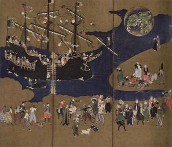 Nachfolger des Kanō Naizen (1570-1616), Ankunft eines portugiesischen Handelsschiffes, Ausschnitt aus einem sechsteiligen Faltschirm (byōbu), 156 x 330 cm, Tōshōdai-ji, Nara.